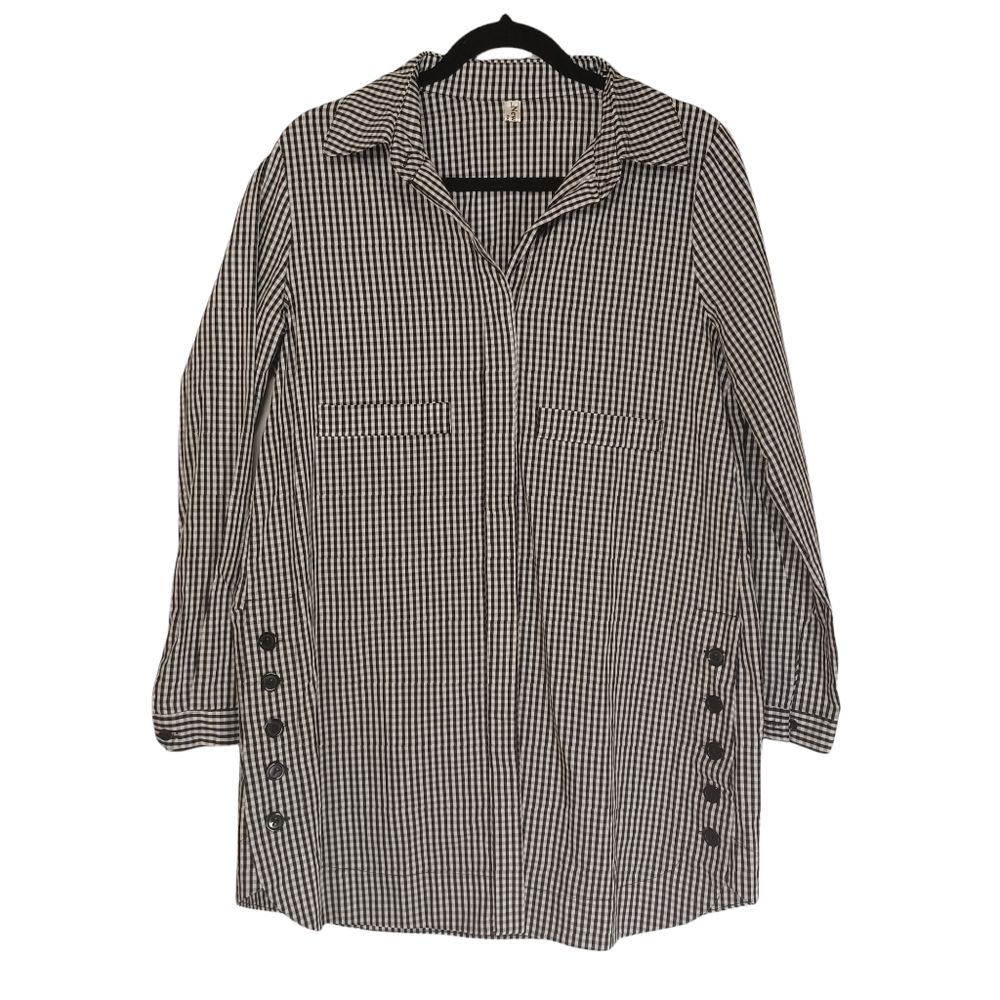 NEW LIGHT Gingham Black & White Plaid Print Button Front Tunic Dress Large